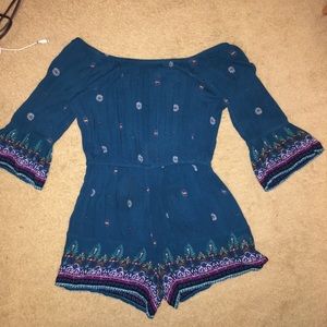 Turquoise off the shoulder 3:4 sleeve romper